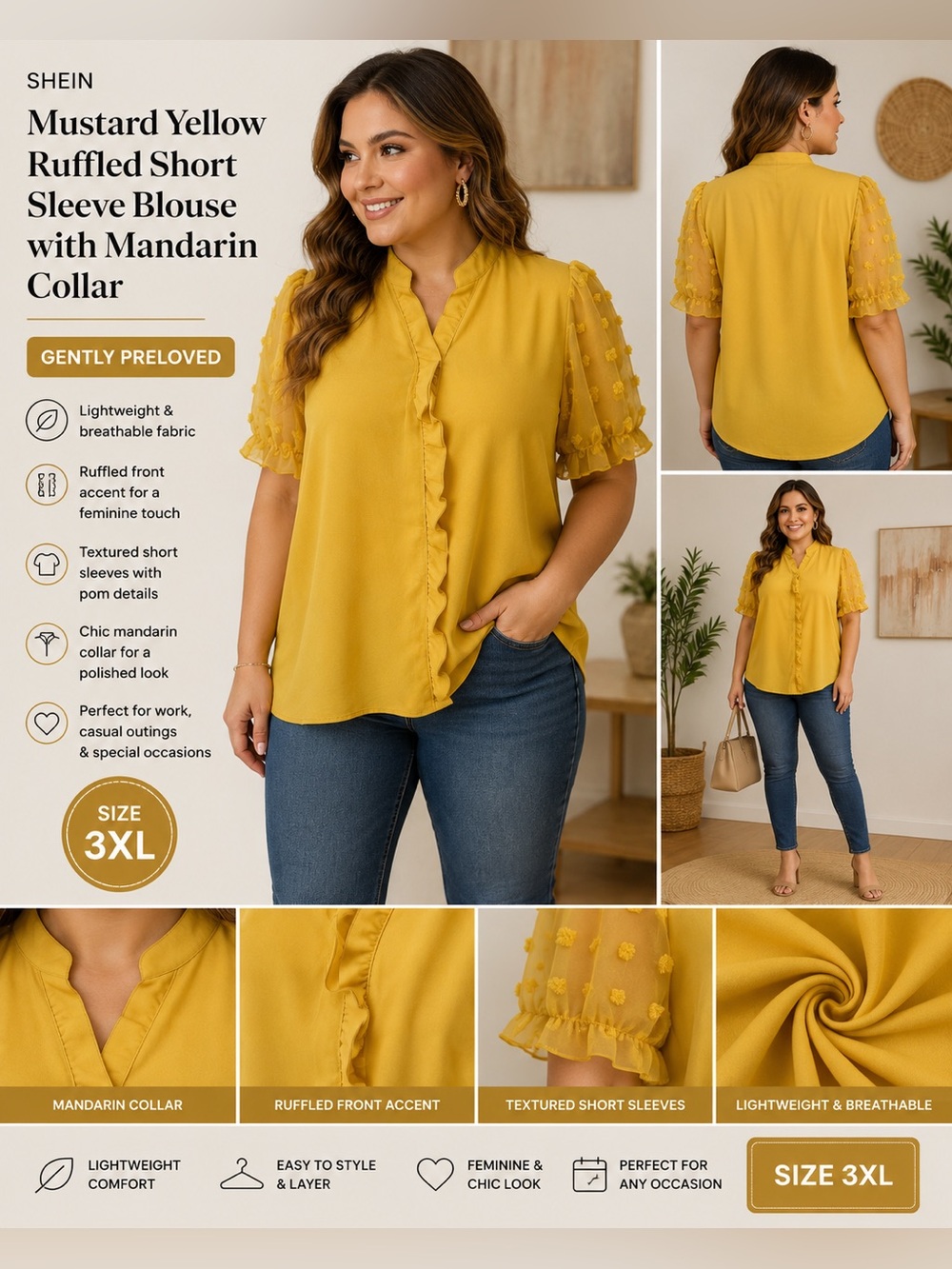 SHEIN 3XL Mustard Yellow Ruffled‎ Short Sleeve Blouse with Mandarin Collar